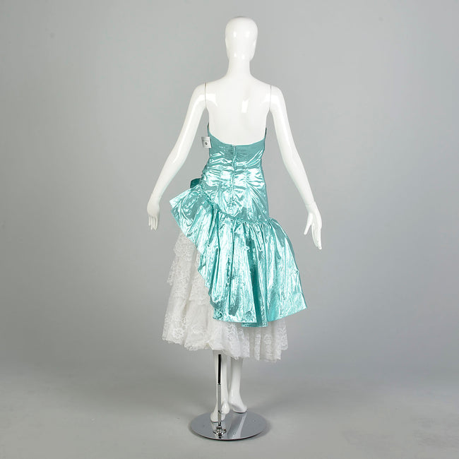Small 1980s Strapless Sea Foam Aqua Asymmetric Lace Ruffle Prom Formal Evening Dress