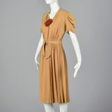 1940s Tan Rayon Crepe Dress with Full Flower Corsage