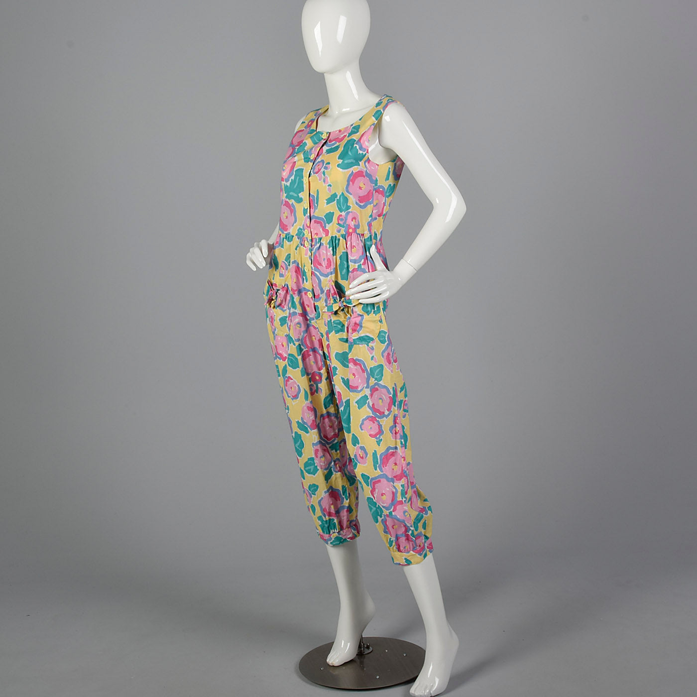 1980s Yellow Jumpsuit with a Bright Floral Print
