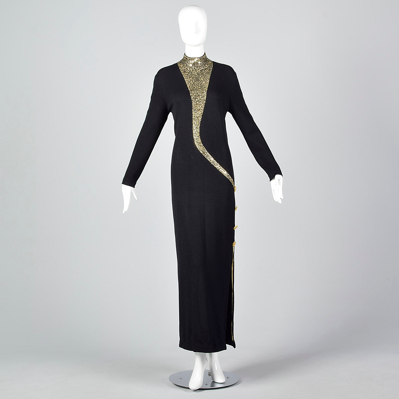 1980s St John Evening Long Black Knit Formal Dress with Gold Sequin Design