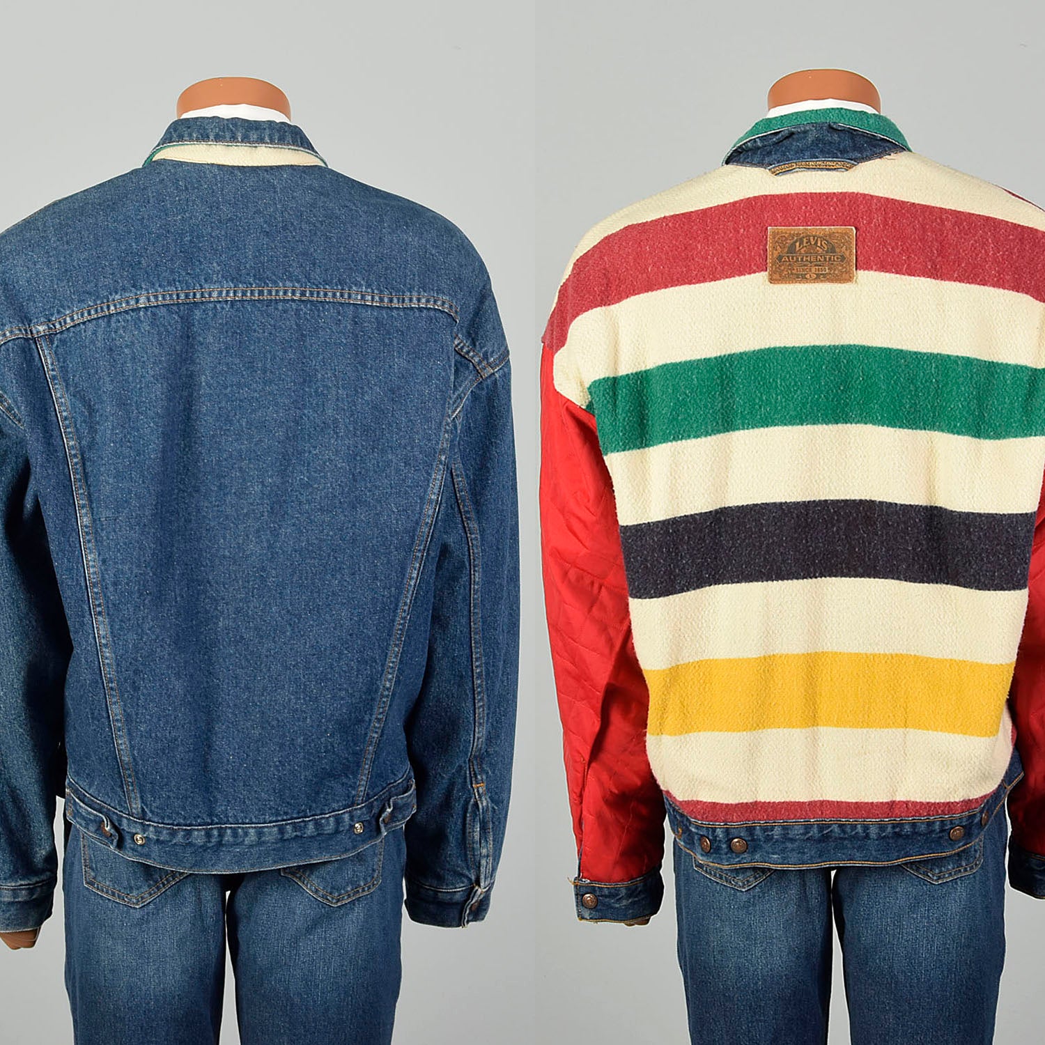 Large Levis Hudson Bay Striped Blanket Lined Denim Reversible Jean Jacket Winter Outerwear