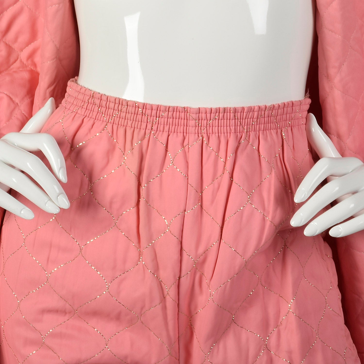 1950s Pink Quilted Pajama Set with Gold Topstitching