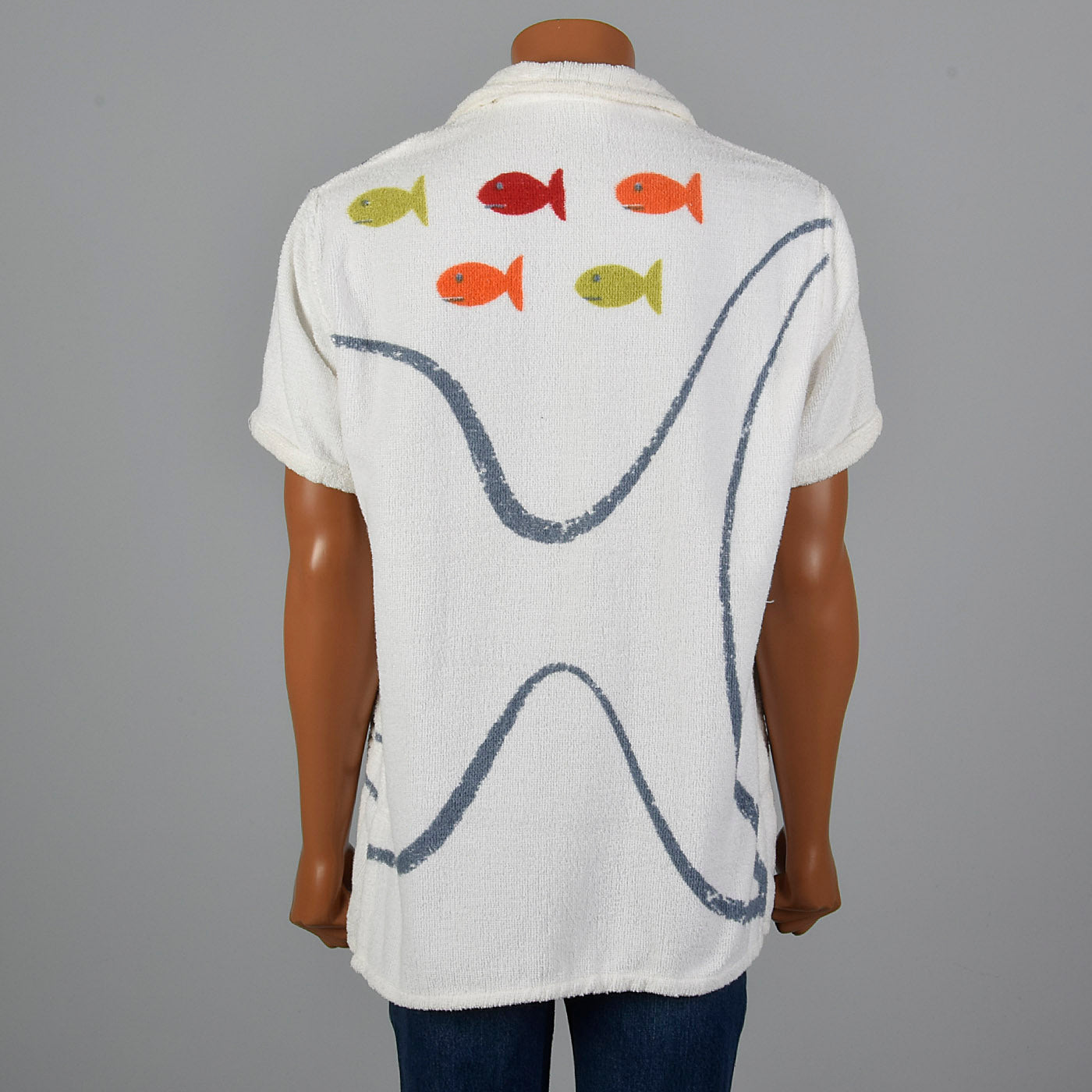 1950s Mens Terry Cloth Pull Over Shirt with Fish