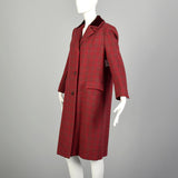 Medium 1960s Coat Red Tweed Wool Plaid Winter Jacket Velvet Collar