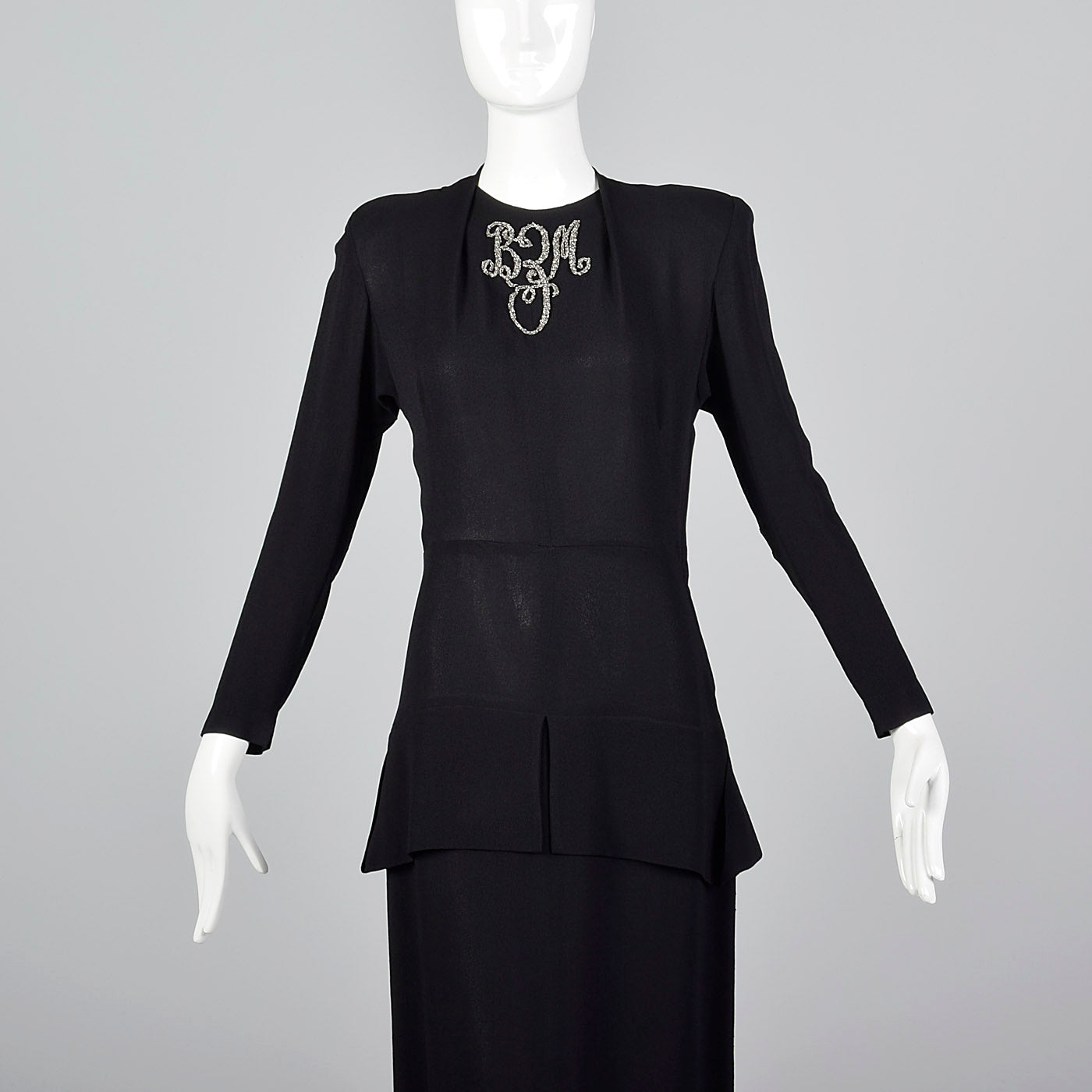 1940s Black Rayon Dress with Silver Beaded Monogram