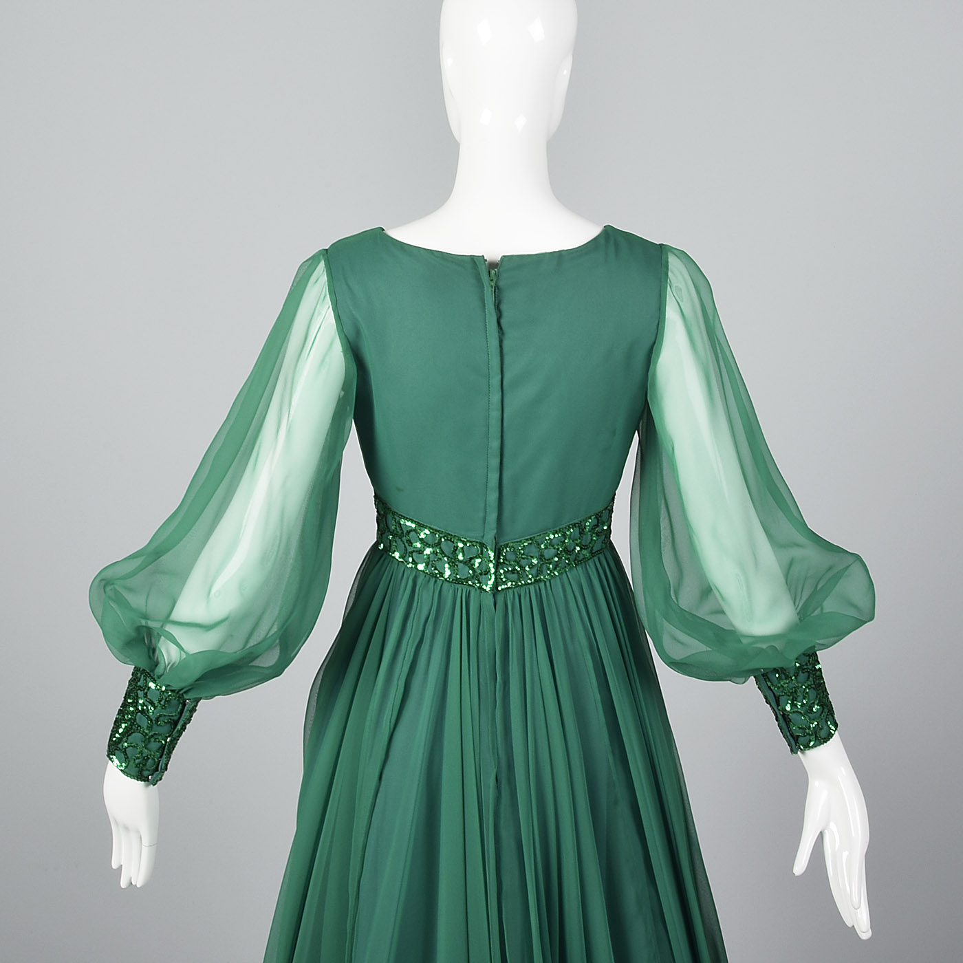 1970s Emerald Green Gown with Bishop Sleeves