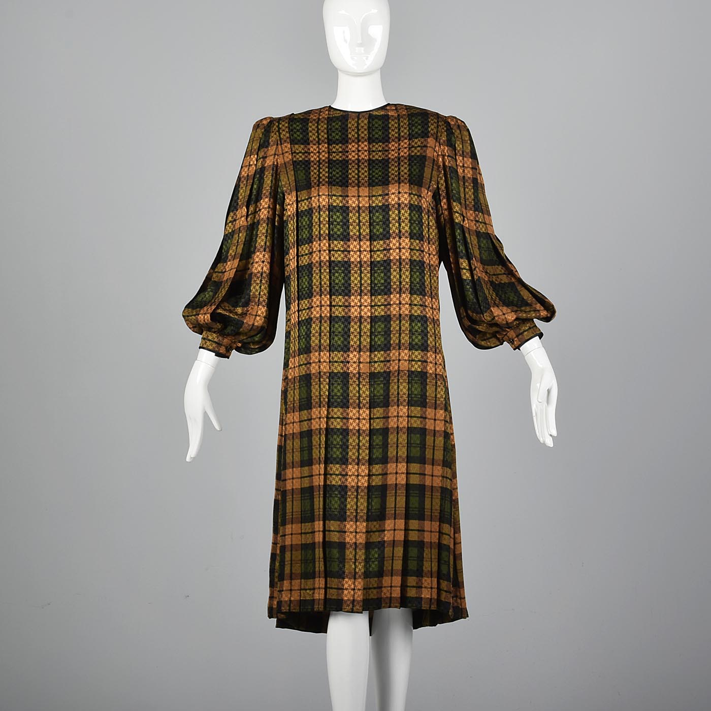Galanos Pleated Silk Dress in Plaid with Bishop Sleeves