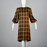 Galanos Pleated Silk Dress in Plaid with Bishop Sleeves