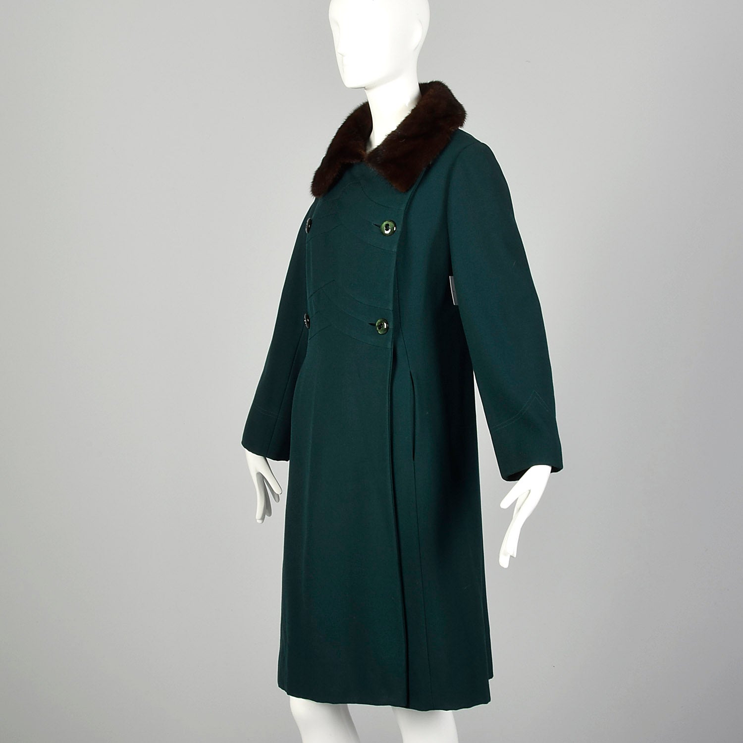 Medium 1960s Green Coat Double Breasted Autumn Outerwear with Mink Fur Collar