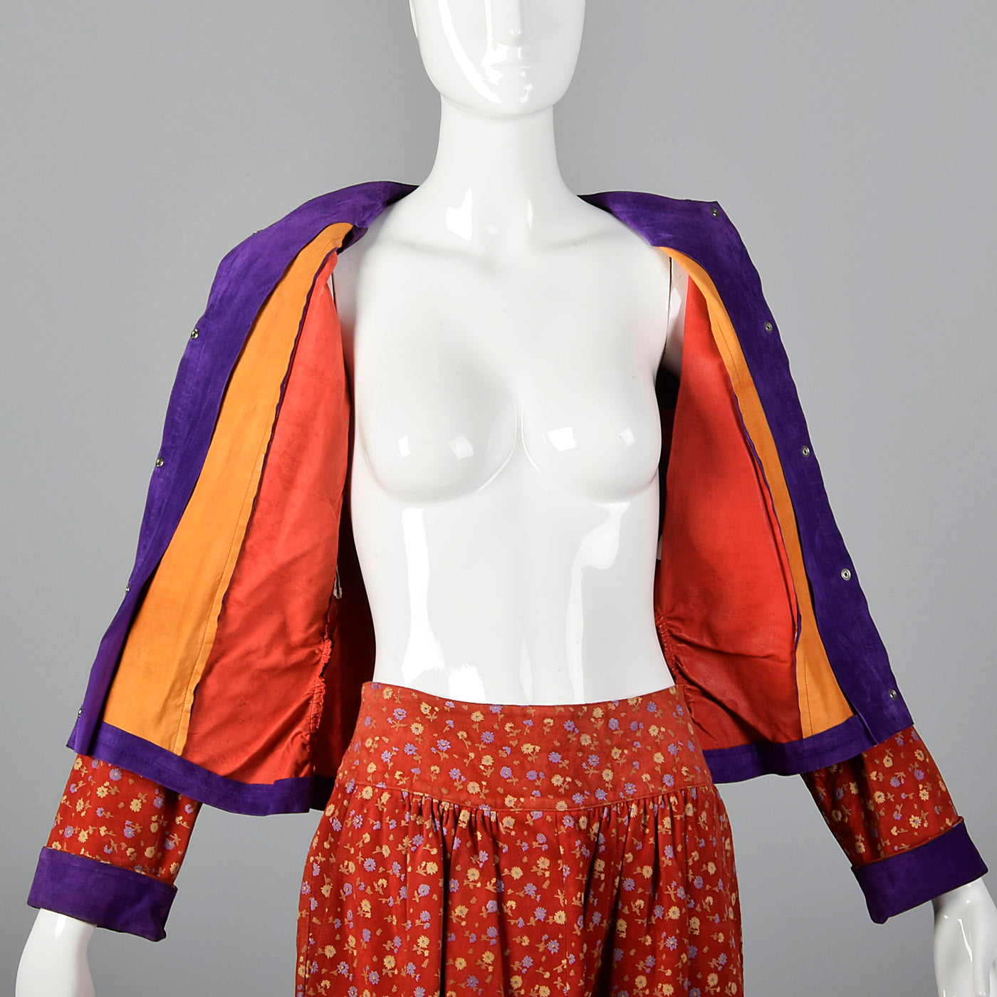 1970s Mario Valentino Suede Leather Two Piece Set with Silk Screen Floral Print