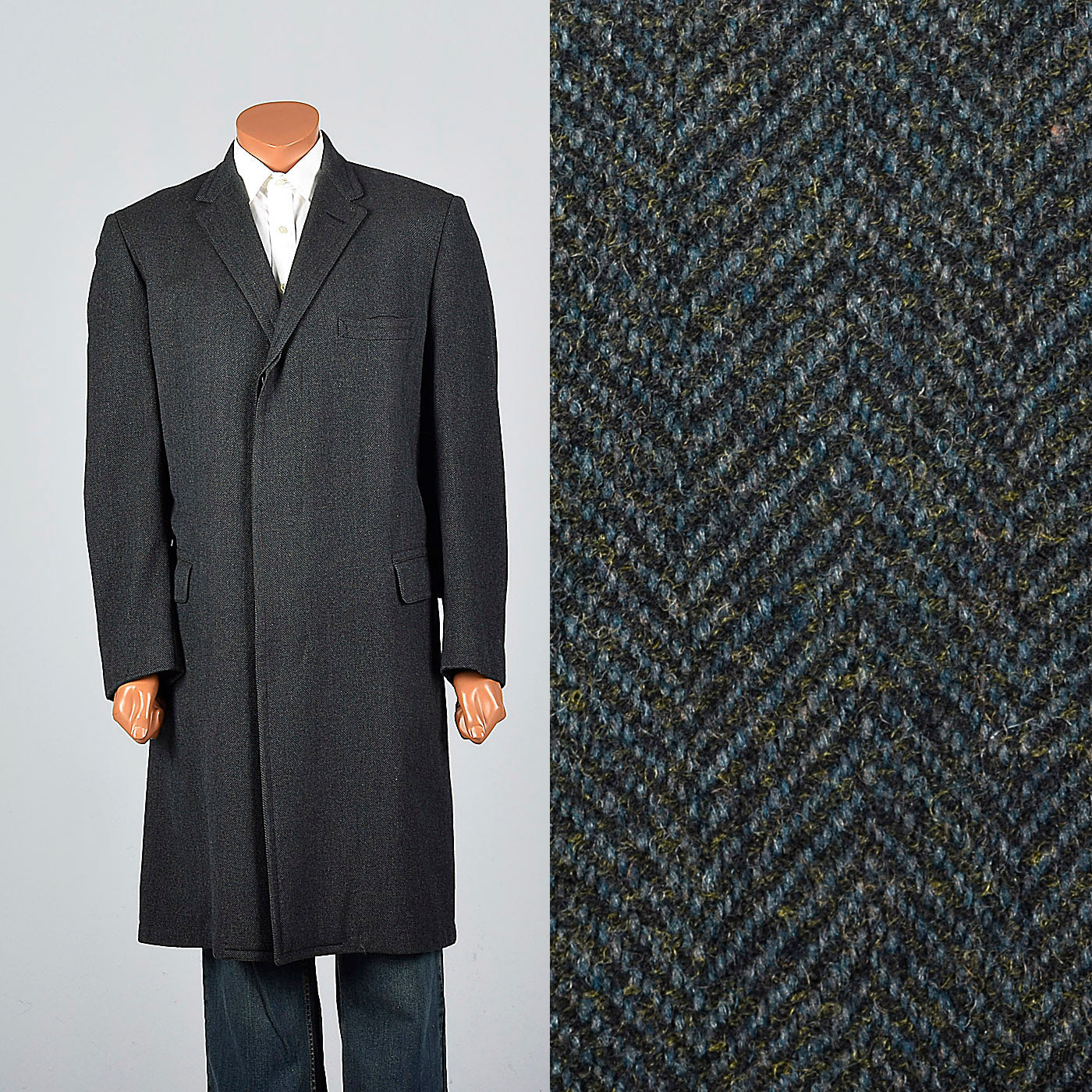 s Dark Green Herringbone Tweed Long Coat – Style & Salvage