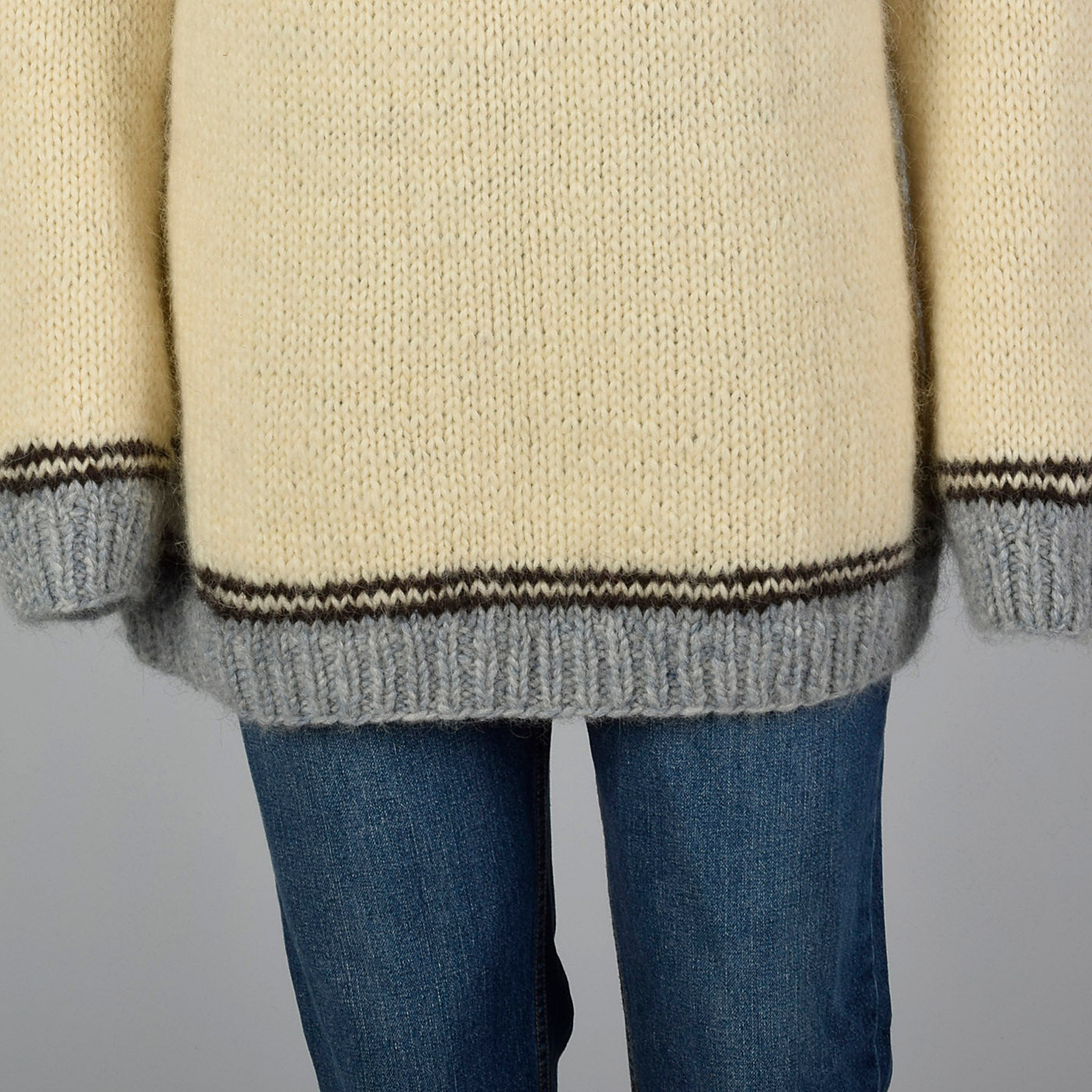 1960s Mens Cream Sweater with Gray, Blue, and Black Knit