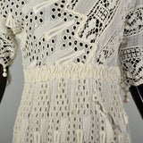 XS 1910s Cotton Lace Dress Pom Pom Fringe Cotton Lace Gauze