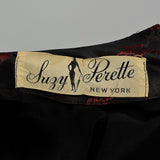 Small Suzy Perette 1950s Dress Black and Red Floral Silk Brocade with Built in Crinoline
