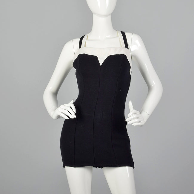 1960s Black Knit Swimsuit with White Trim