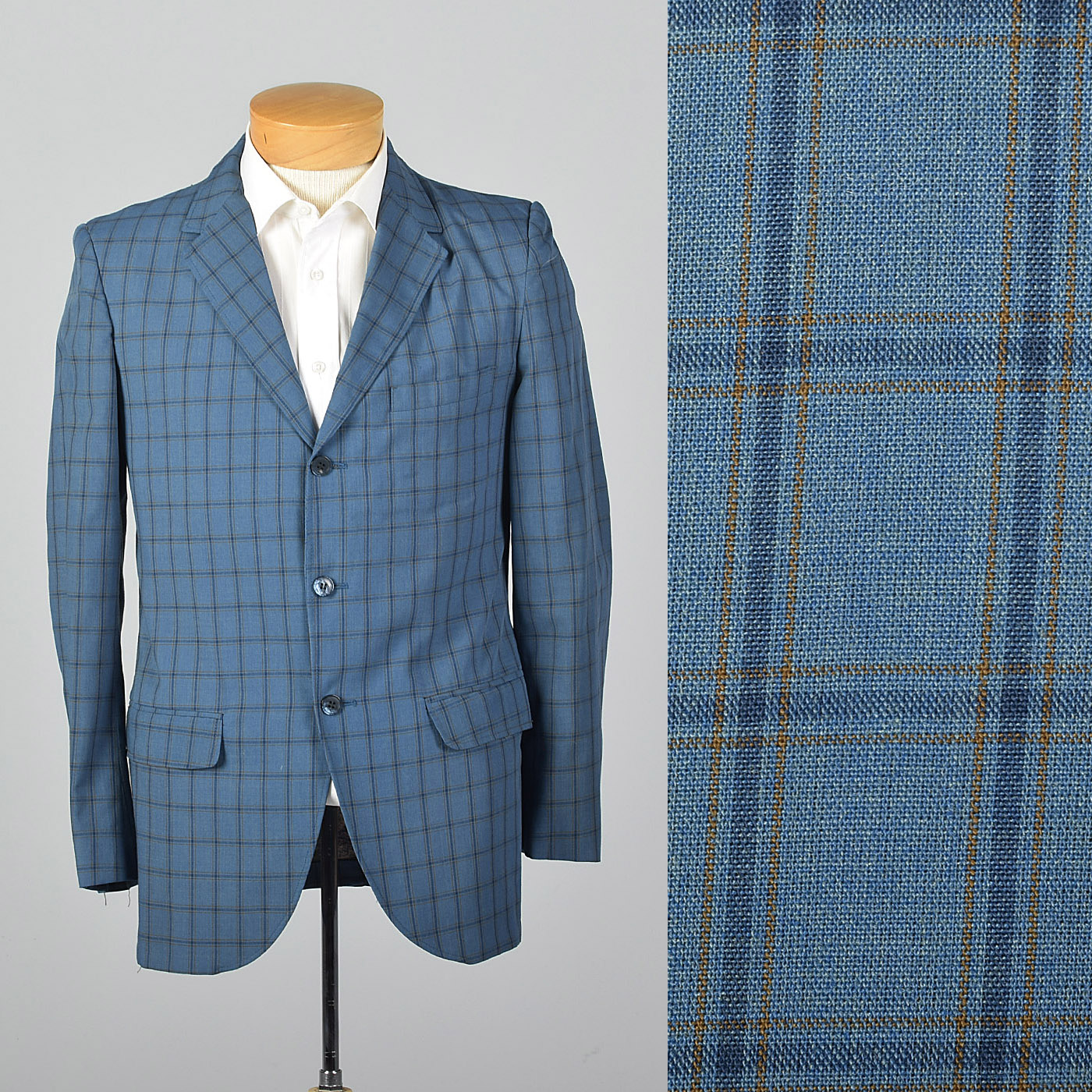 1960s Blue Windowpane Plaid Casual Jacket