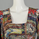 XS Maxi Dress 1970s Tie Back Waist Flowy Novelty Print