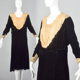 1920s Black Silk Velvet Dress with Lace Collar and Cuffs