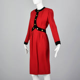 1980s Red Wool Dress with Black Velvet Trim
