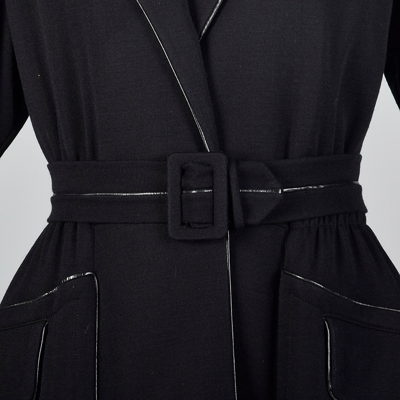 1950s Black Knit Trench Coat with Red Lining