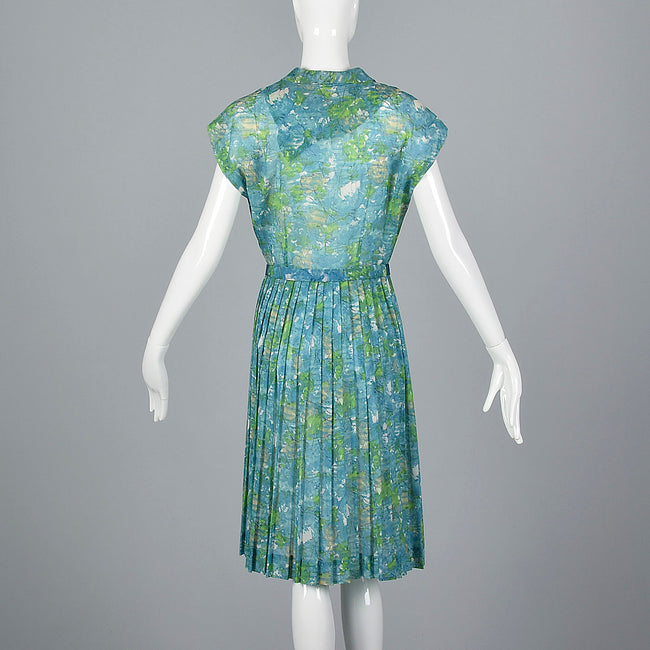1950s Blue Floral Print Dress with Pleated Skirt