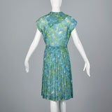 1950s Blue Floral Print Dress with Pleated Skirt