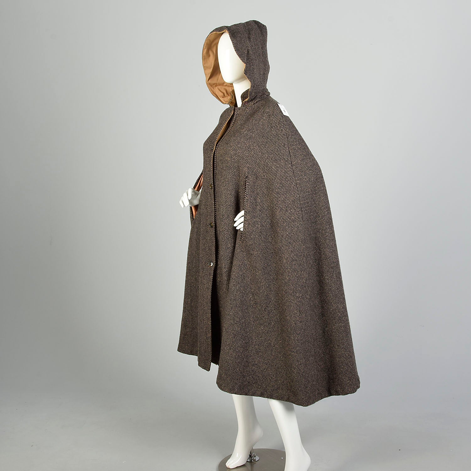 OSFM 1970s Cape Brown Hooded Tweed Wool Vintage Winter Outerwear