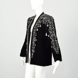 Medium 1980s Black Velvet Jacket Silver Sequin Evening Coat