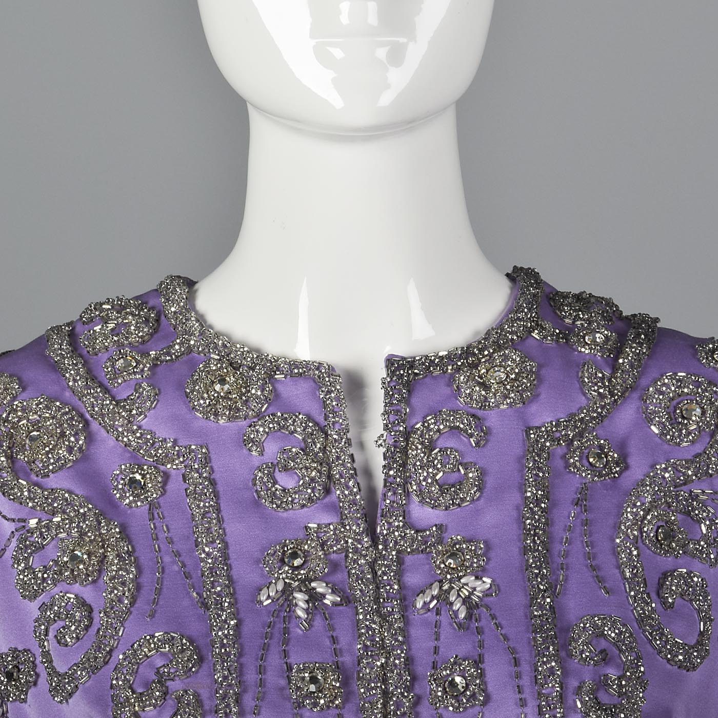 1960s Purple Statin Maxi Dress with Beaded Bodice