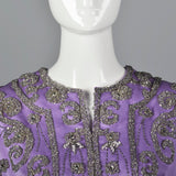 1960s Purple Statin Maxi Dress with Beaded Bodice