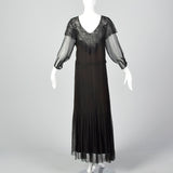 1930s Black Silk Dress with Sheer Lace Bust Panel