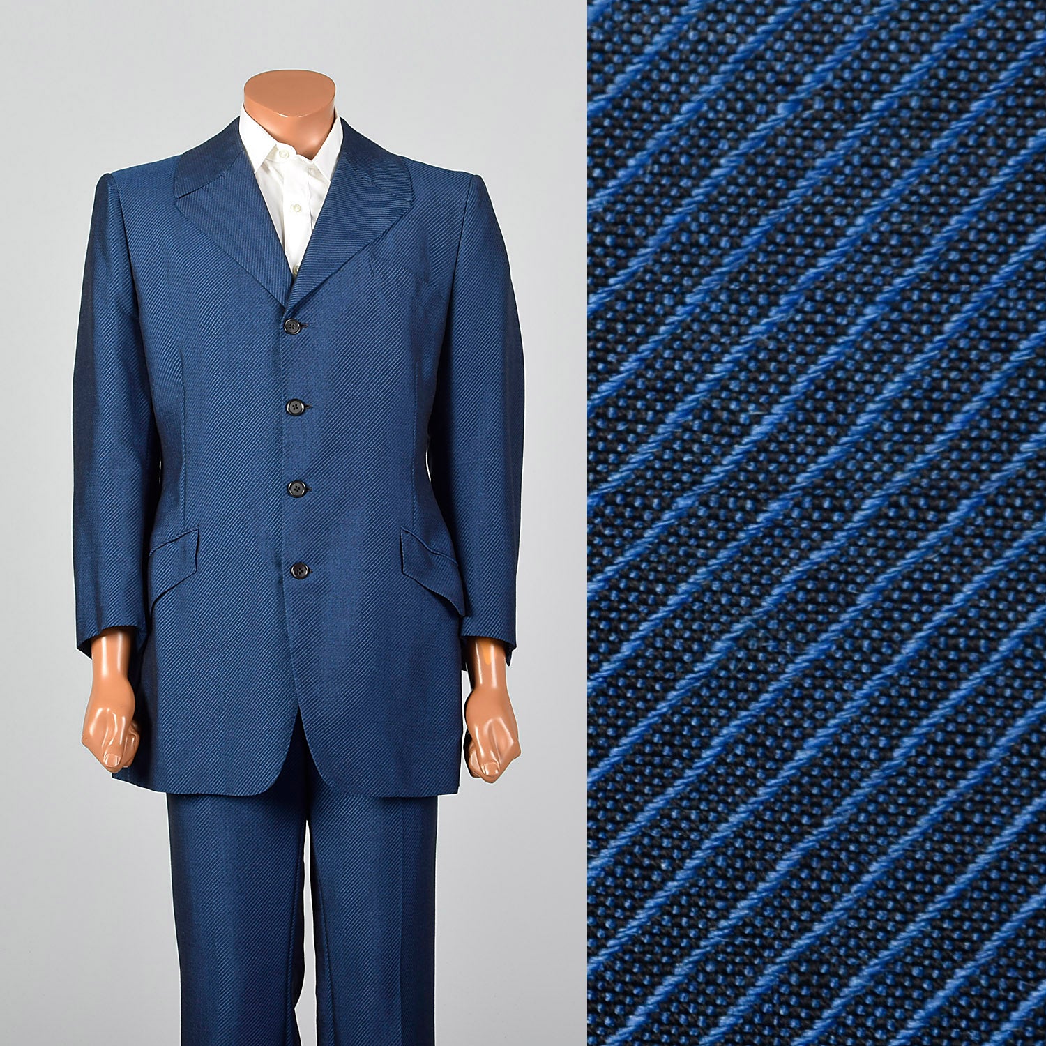 42L 1960s Mens Blue Diagonal Stripe Suit