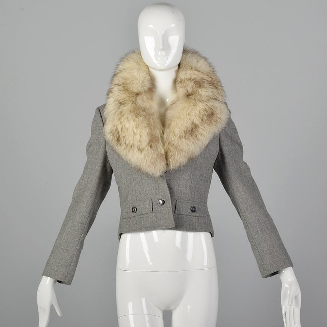Small 1970s Wool Crop Jacket with Fur Collar