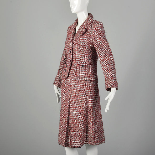 Small 1970s Red White and Blue Tweed Wool Skirt Suit