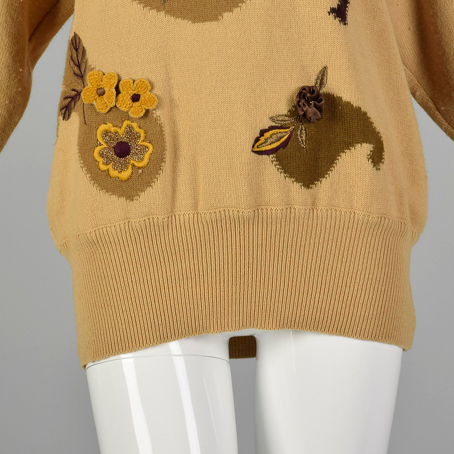 Large Escada 1980s  Tan Brown Sweater with Floral Appliques