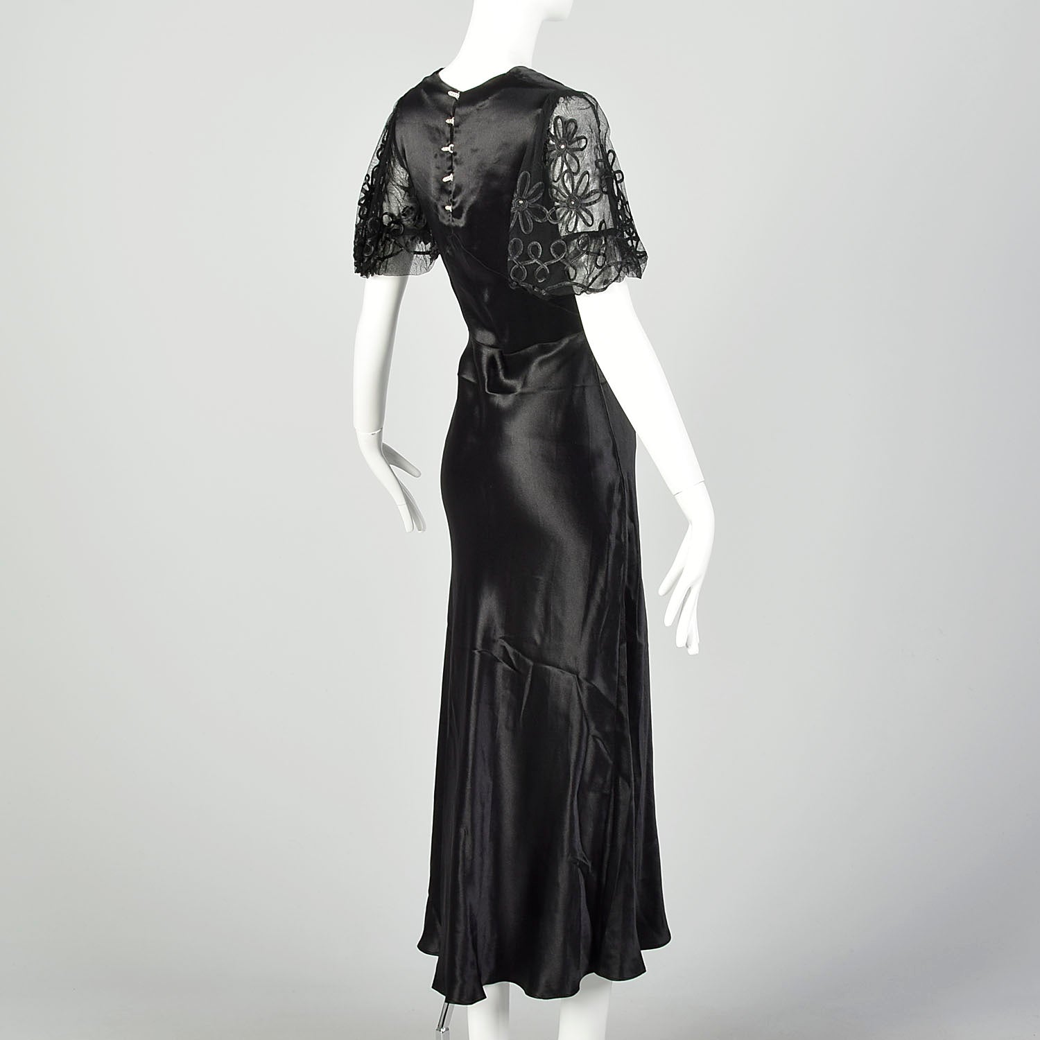 Small 1930s Black Silk Dress Bias Cut Mesh Short Sleeves