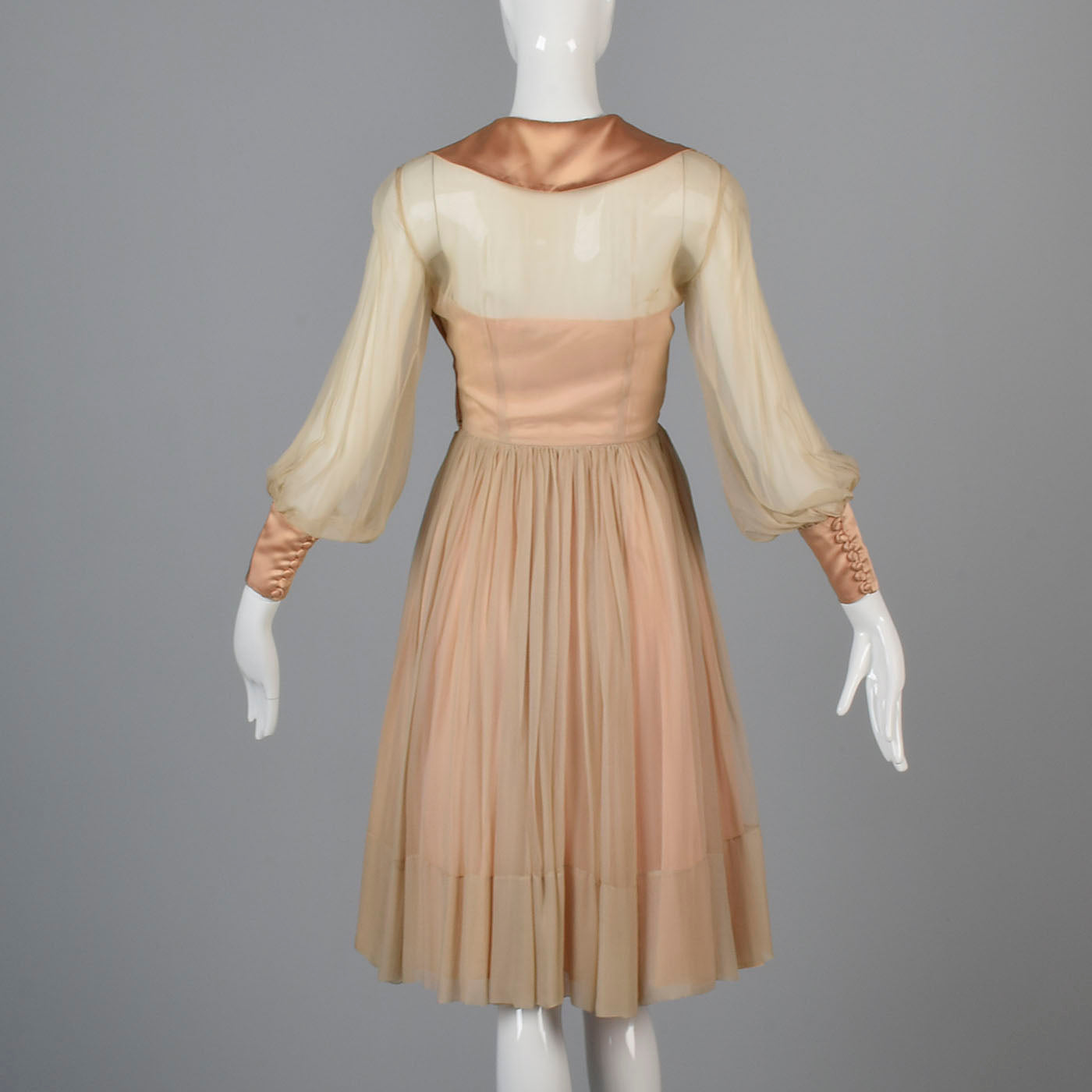 1950s Nude Silk Chiffon Dress with Bishop Sleeves