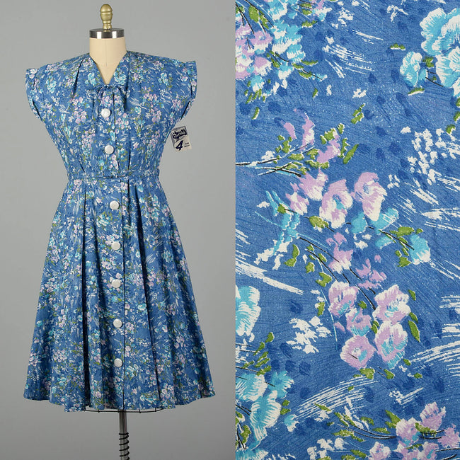 XXL 1940s Blue Cotton Day Dress Floral Deadstock Volup Summer Casual
