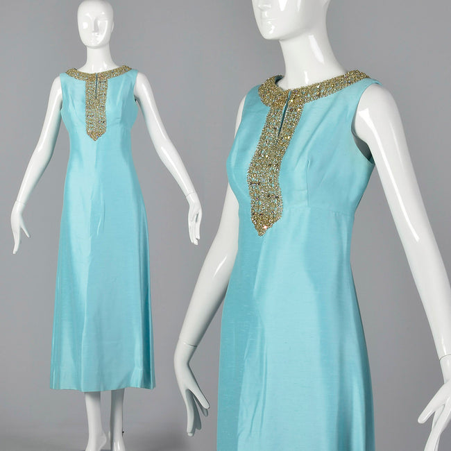 1960s Blue Maxi Dress with Keyhole Bust