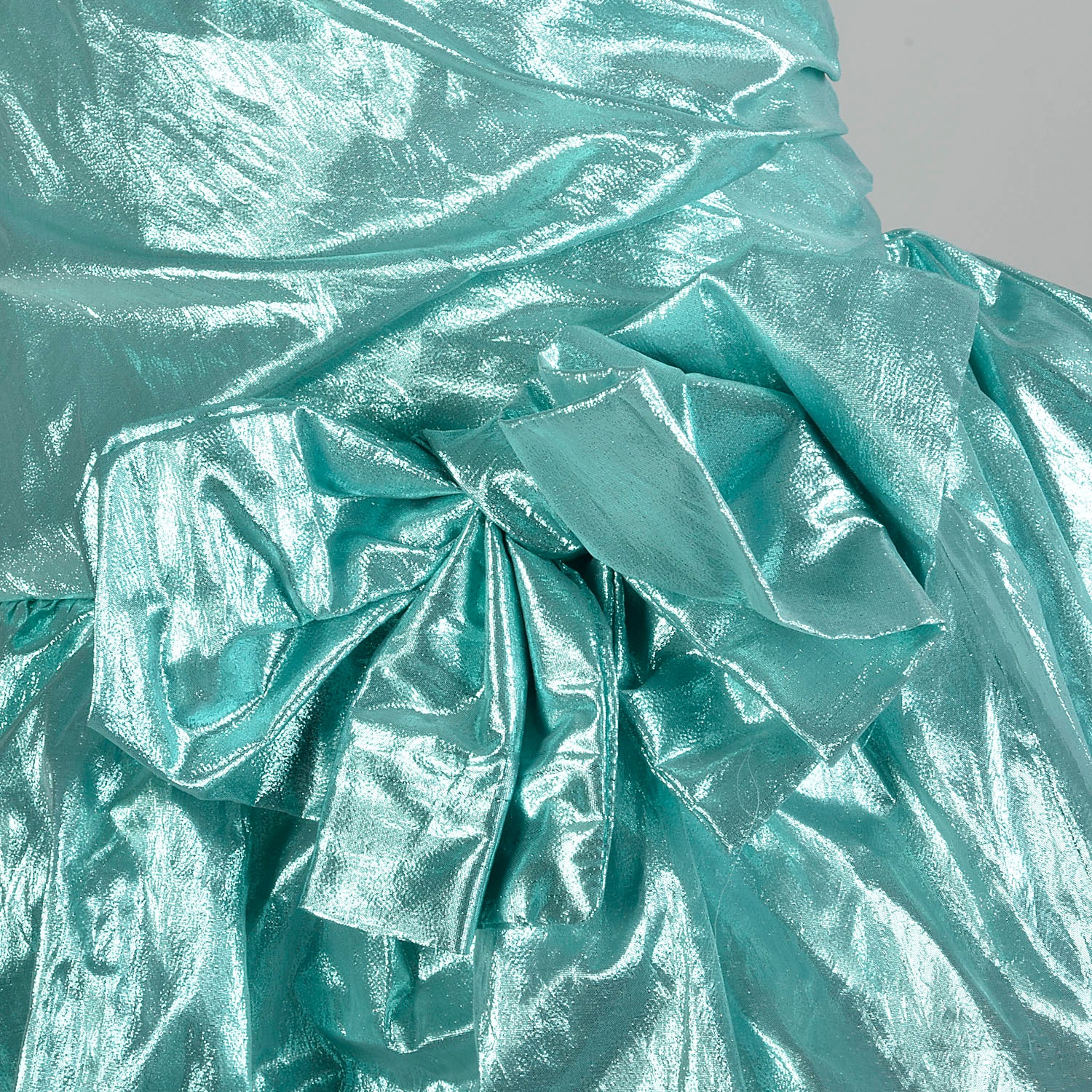 Small 1980s Strapless Sea Foam Aqua Asymmetric Lace Ruffle Prom Formal Evening Dress
