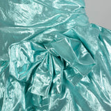 Small 1980s Strapless Sea Foam Aqua Asymmetric Lace Ruffle Prom Formal Evening Dress