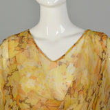 XL 1930s Sheer Silk Dress Floral Print Orange Yellow Volup Flowy Elegant Gown
