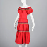 1950s Bohemian Off Shoulder Dress in Red Cotton