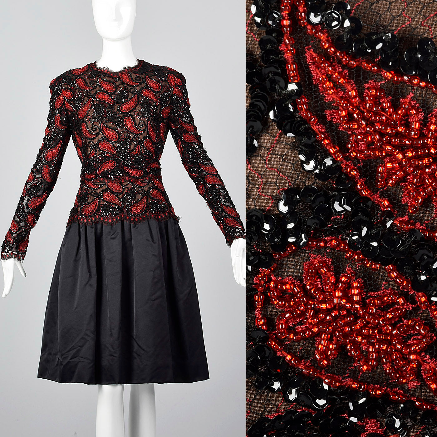 1980s Travilla Black Dress with Paisley Beaded Bodice