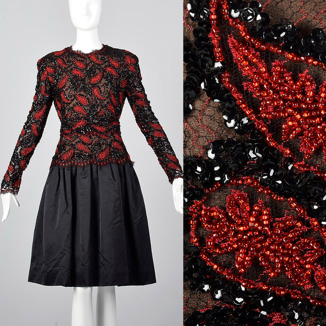 1980s Travilla Black Dress with Paisley Beaded Bodice