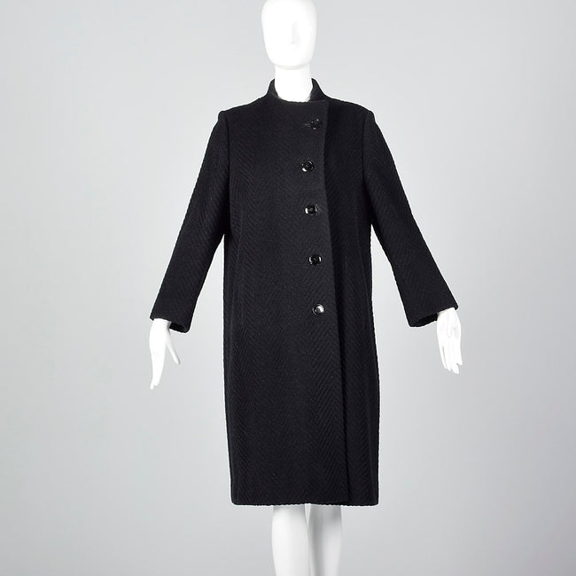 1960s Black Textured Chevron Winter Coat