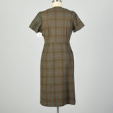 XL-XXL 1950s Wool Button-up Dress Green and Brown Plaid Button-up