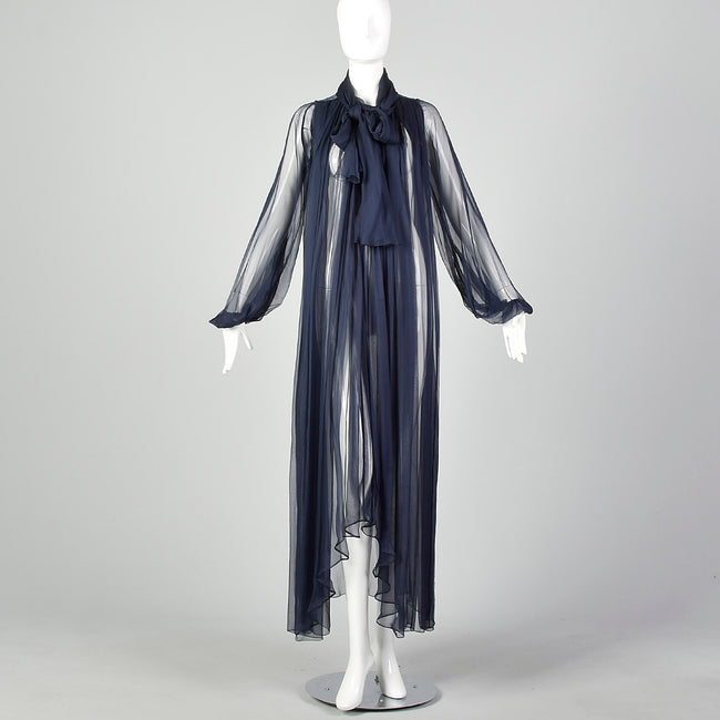 1970s Elegant Silk Chiffon Coat in Navy Blue