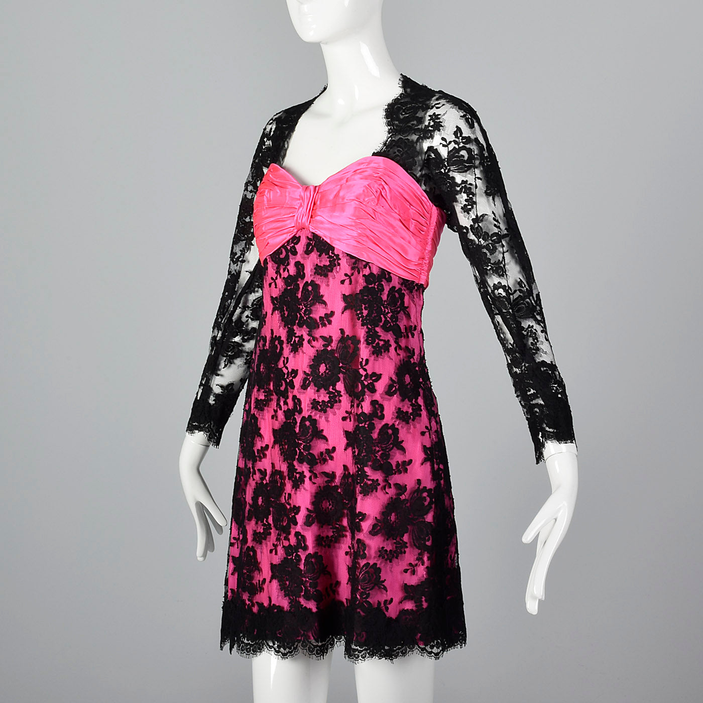 1980s Travilla Hot Pink and Black Lace Dress