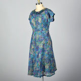 1950s Blue Floral Print Dress with Chiffon Overlay